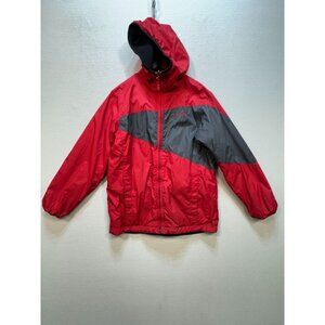 Columbia Boy's Windbreaker Hooded Coat Full Zip Size 10/12 Red Gray Long Sleeve